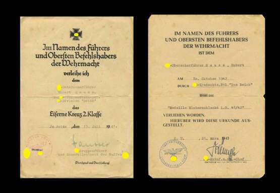 Urkundengruppe SS Oberscharführer Reuß mit Autograf SS-Oberstgruppenführer Paul Hausser. - photo 1