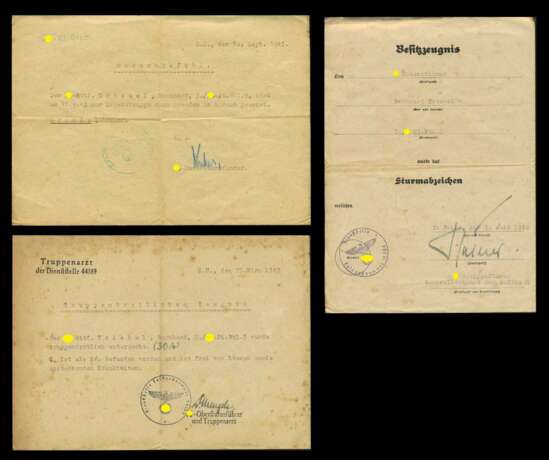 Dokumentengruppe mit Autograf Dr. Josef Mengele aus seiner Zeit bei der SS-Division WIKING. - Foto 1