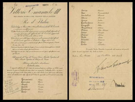 Schriftstück mit Unterschriften von DUCE Benito Mussolini und König Emanuele III.. - photo 1