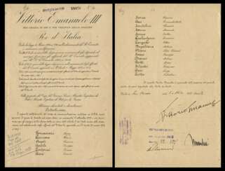 Schriftstück mit Unterschriften von DUCE Benito Mussolini und König Emanuele III..
