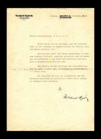 Schriftstück Persönliches Schreiben von SS-Obergruppenführer Reinhard Heydrich mit Unterschrift. - photo 1