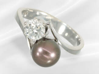 Ring: white gold vintage pearl/brilliant-cut diamo…