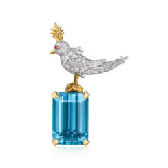TIFFANY & CO. BY JEAN SCHLUMBERGER AQUAMARINE, DIAMOND AND COLOURED SAPPHIRE 'BIRD ON A ROCK' BROOCH