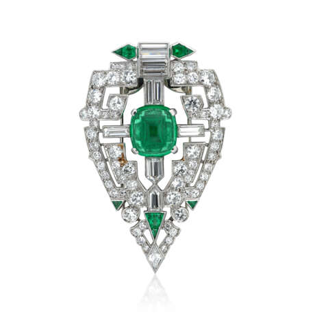 EMERALD AND DIAMOND CLIP BROOCH - Foto 1