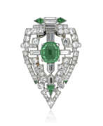 Emeralds. EMERALD AND DIAMOND CLIP BROOCH