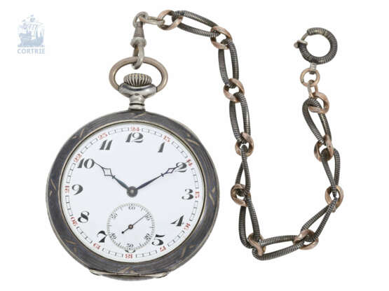 Taschenuhr: seltene Schweizer Schul-Uhr mit Niello-Gehäuse und Originalkette, Uhrmacherschule Fleurier, Pierre Fabbri 1926-1929 - фото 1