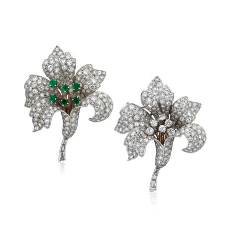 NO RESERVE - PAIR OF DIAMOND/EMERALD BROOCHES - Foto 1