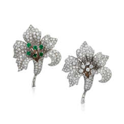 NO RESERVE - PAIR OF DIAMOND/EMERALD BROOCHES