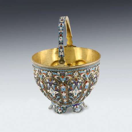 Russian silver sugar bowl with cloisonne enamel. Silver 84 Cloisonné enamel Gilding Neo-Russian Early 20th century - photo 4