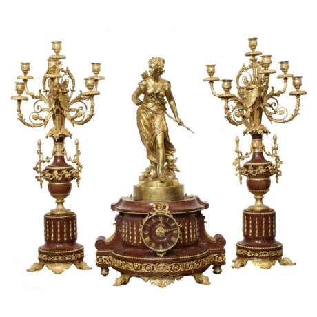Pendule de chemin&eacute;e en bronze sertie de cand&eacute;labres. Vergoldete Bronze Napoleon III 19th century - Foto 3
