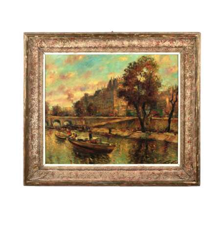 L. Libert. Vue de Paris depuis la Seine. Canvas oil 20th century - Foto 1