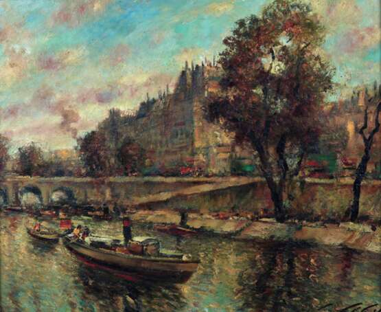 L. Libert. Vue de Paris depuis la Seine. Canvas oil 20th century - Foto 2