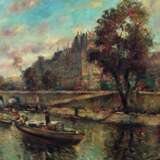 L. Libert. Vue de Paris depuis la Seine. Canvas oil 20th century - Foto 2