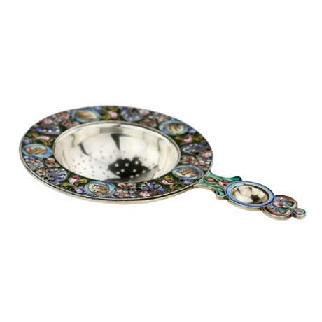 Russian silver tea strainer with enamel decor in the spirit of Russian Art Nouveau. Silver 84 Cloisonné enamel Gilding Early 20th century - photo 4