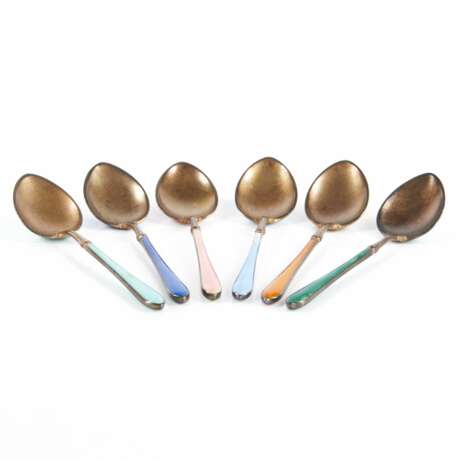 Set of six silver spoons with guilloche enamel in the original box. Silver guilloche enamel 20th century - photo 3