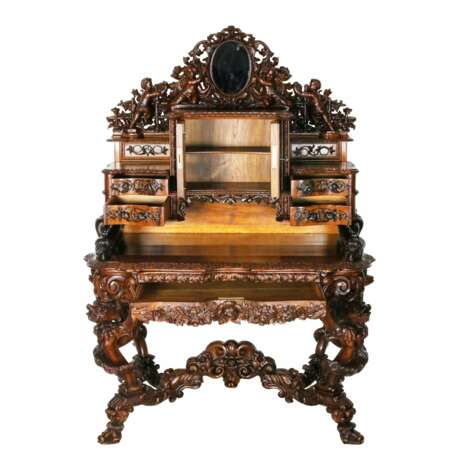 Magnifique bureau sculpte de style baroque neo-gothique. France 19&egrave;me si&egrave;cle. Carved wood Eclecticism 19th century - photo 3