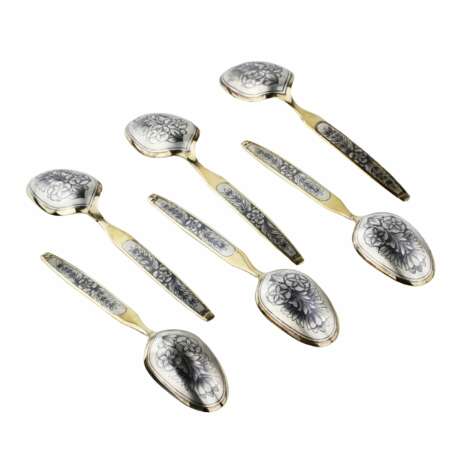 Six gilded silver dessert spoons with a niello pattern. USSR. 1960-80s Gilding Neo-Russian 20th century - photo 1