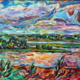Закат Fiberboard Acrylic paint Impressionism Landscapes with river Russia 2014 - photo 1
