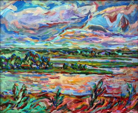 Закат Fiberboard Acrylic paint Impressionism Landscapes with river Russia 2014 - photo 1