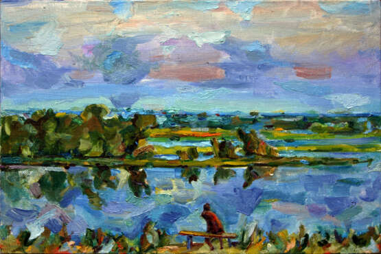 Зритель небесного театра Canvas on the subframe Oil Impressionism Landscapes with river Russia 2022 - photo 1