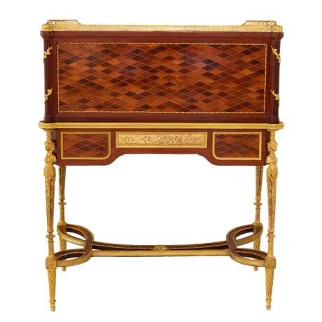E.KAHN. A magnificent cylindrical bureau in mahogany and satin wood with gilt bronze. Gilded bronze 19th century - photo 9