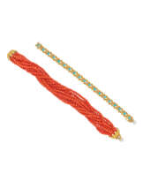 TIFFANY & CO., JEAN SCHLUMBERGER CORAL AND DIAMOND BRACELET AND UNSIGNED TURQUOISE AND GOLD BRACELET