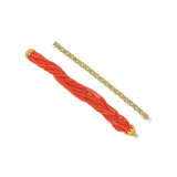 TIFFANY & CO., JEAN SCHLUMBERGER CORAL AND DIAMOND BRACELET AND UNSIGNED TURQUOISE AND GOLD BRACELET - photo 1