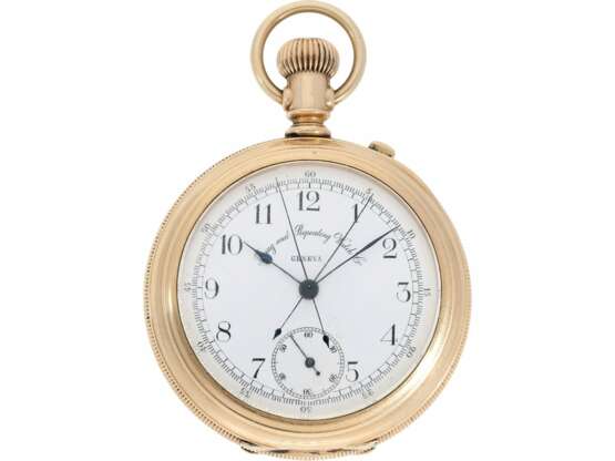 Taschenuhr: schwerer, rotgoldener Chronograph mit Schleppzeiger "Rattrapante", Timing & Repeating Watch Company Geneva, No. 33144, ca.1890 gefertigt für Waltham USA - photo 1