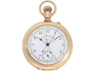 Taschenuhr: schwerer, rotgoldener Chronograph mit Schleppzeiger "Rattrapante", Timing & Repeating Watch Company Geneva, No. 33144, ca.1890 gefertigt für Waltham USA