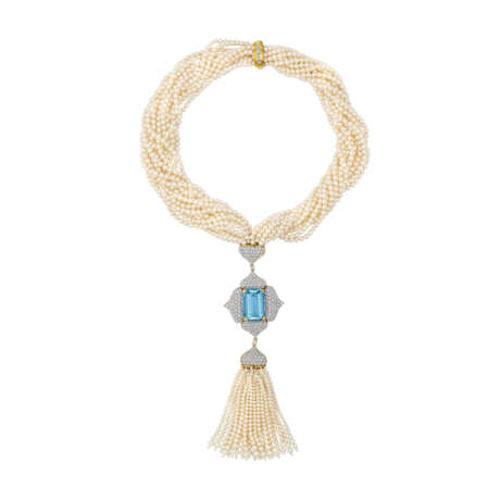 DAVID WEBB CULTURED PEARL, AQUAMARINE AND DIAMOND NECKLACE - Foto 1