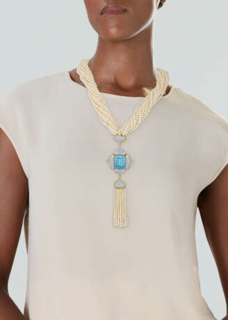 DAVID WEBB CULTURED PEARL, AQUAMARINE AND DIAMOND NECKLACE - Foto 2