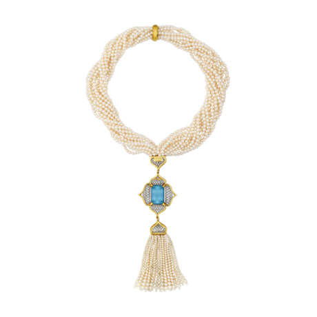 DAVID WEBB CULTURED PEARL, AQUAMARINE AND DIAMOND NECKLACE - Foto 3