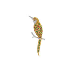 VAN CLEEF &amp; ARPELS RUBY, EMERALD AND DIAMOND BIRD BROOCH