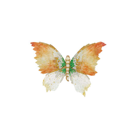 WALLACE CHAN CARVED JADE, COLORED DIAMOND, DIAMOND AND MULTI-GEM BUTTERFLY BROOCH - фото 1