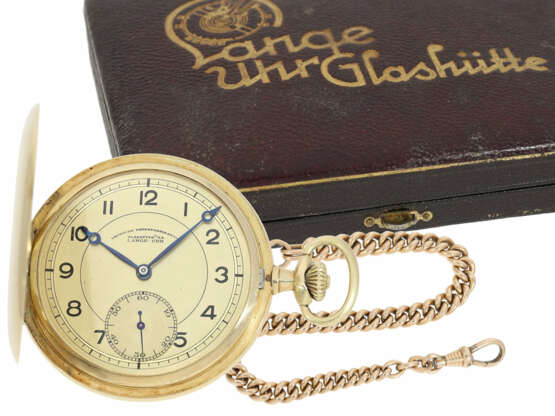 Taschenuhr: hochfeine Goldsavonnette A. Lange & Söhne Deutsche Uhrenfabrikation Glashütte "OLIW" No. 504082, ca.1938, mit Originalbox und Originalpapieren - фото 1