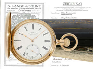 Taschenuhr: hochwertige, schwere A. Lange & Söhne Glashütte Goldsavonnette mit Originalbox und Originalpapieren von 1904
