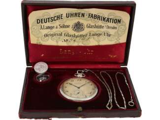 Taschenuhr: absolute Rarität, A. Lange & Söhne No. 92141 mit Platingehäuse und Platinkette, mit Originalbox & Originalpapieren, verkauft am 12.4.1932, mit Stammbuchauszug