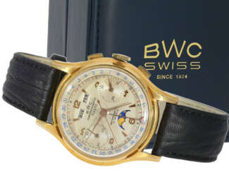 Armbanduhr: sehr seltener, großer Chronograph mit Vollkalender und Mondphase, BWC Suisse, 50er Jahre, mit Box und Originalpapieren