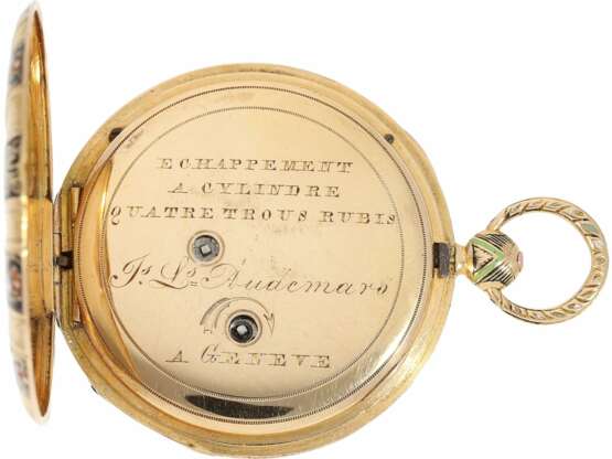 Taschenuhr: hochinteressante Gold/Emaille-Lepine mit springender Stunde und kleiner Sekunde, bedeutender Uhrmacher J. Louis Audemars Brassus & Geneve 1782-1833 - Foto 3