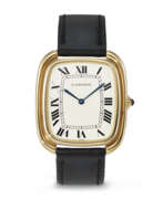 Europa. CARTIER. A RARE, LARGE, AND ATTRACTIVE 18K GOLD CUSHION-SHAPED WRISTWATCH WITH STEPPED CASE