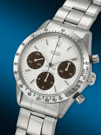 ROLEX. A RARE AND HIGHLY ATTRACTIVE STAINLESS STEEL CHRONOGRAPH WRISTWATCH WITH TROPICAL REGISTERS AND BRACELET - Foto 2