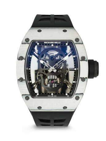 RICHARD MILLE. AN EXTREMELY RARE AND HIGHLY ATTRACTIVE LIGHTWEIGHT LIMITED EDITION WHITE QUARTZ CARBON TPT&#174; SKELETONIZED TOURBILLON WRISTWATCH WITH DIAMOND-SET SKULL - photo 1
