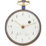 Taschenuhr: hochfeine, große Gold/Emaille-Taschenuhr im Stil von Gregson, signiert Chevalier & Comp. Genf No.4254, ca.1800, inklusive Uhrenständer/Box - photo 2