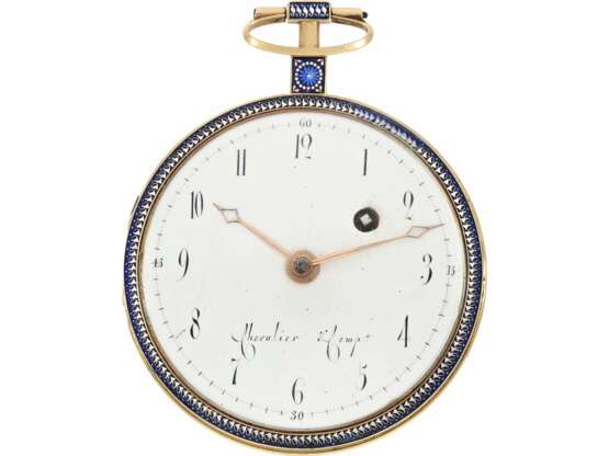Taschenuhr: hochfeine, große Gold/Emaille-Taschenuhr im Stil von Gregson, signiert Chevalier & Comp. Genf No.4254, ca.1800, inklusive Uhrenständer/Box - Foto 2