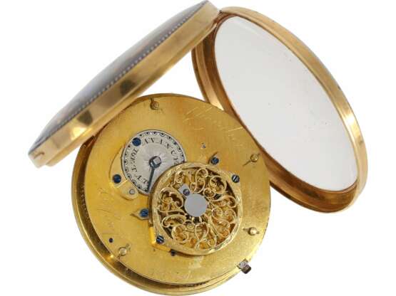 Taschenuhr: hochfeine, große Gold/Emaille-Taschenuhr im Stil von Gregson, signiert Chevalier & Comp. Genf No.4254, ca.1800, inklusive Uhrenständer/Box - Foto 3