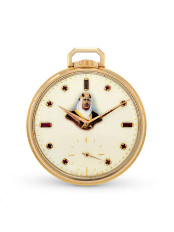 PATEK PHILIPPE. A VERY RARE 18K PINK GOLD AND RUBY-SET OPENFACE KEYLESS LEVER WATCH WITH ENAMEL DIAL, MADE IN HOMAGE OF KING SAUD BIN ABDULAZIZ AL SAUD - фото 1