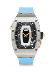 RICHARD MILLE. A RARE AND ELEGANT TWO-COLORED GOLD AND DIAMOND-SET AUTOMATIC SEMI-SKELETONIZED WRISTWATCH WITH OUTSIZED DATE AND FUNCTION SELECTOR