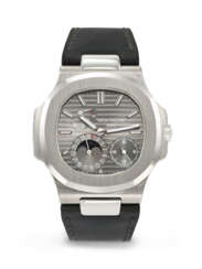 PATEK PHILIPPE. AN ATTRACTIVE AND COVETED 18K WHITE GOLD AUTOMATIC WRISTWATCH WITH DATE, POWER RESERVE AND MOON PHASES