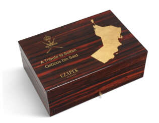 CZAPEK. A UNIQUE WOODEN PRESENTATION BOX WITH GOLD LEAF DECORATION, MADE FOR THE SULTAN QABOOS BIN SAID SET OF THREE UNIQUE WATCHES