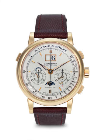 A. LANGE & S&#214;HNE. A RARE AND ELEGANT 18K PINK GOLD PERPETUAL CALENDAR FLYBACK CHRONOGRAPH WRISTWATCH WITH MOON PHASES, OUTSIZED DATE, LEAP YEAR, AND DAY/NIGHT INDICATION - photo 1